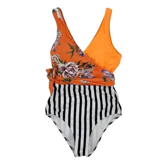 Cupshe Other - Cupshe Orange Floral Striped Mixed Print Belted One Piece Swimsuit Womens XS